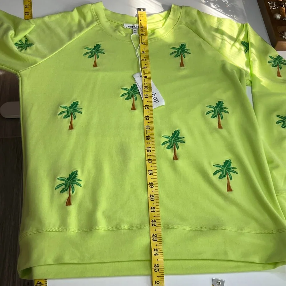 Workshop Sweater Womens Medium Green Crewneck Embroidered Palm Tree Pullover - Picture 8 of 10